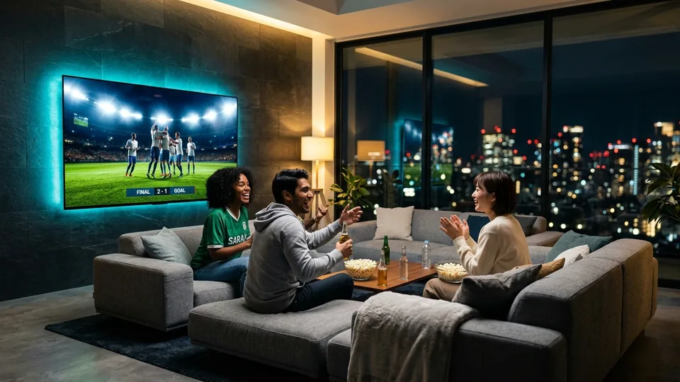 Friends and family enjoying 4K live sports and cinema on Sonix IPTV